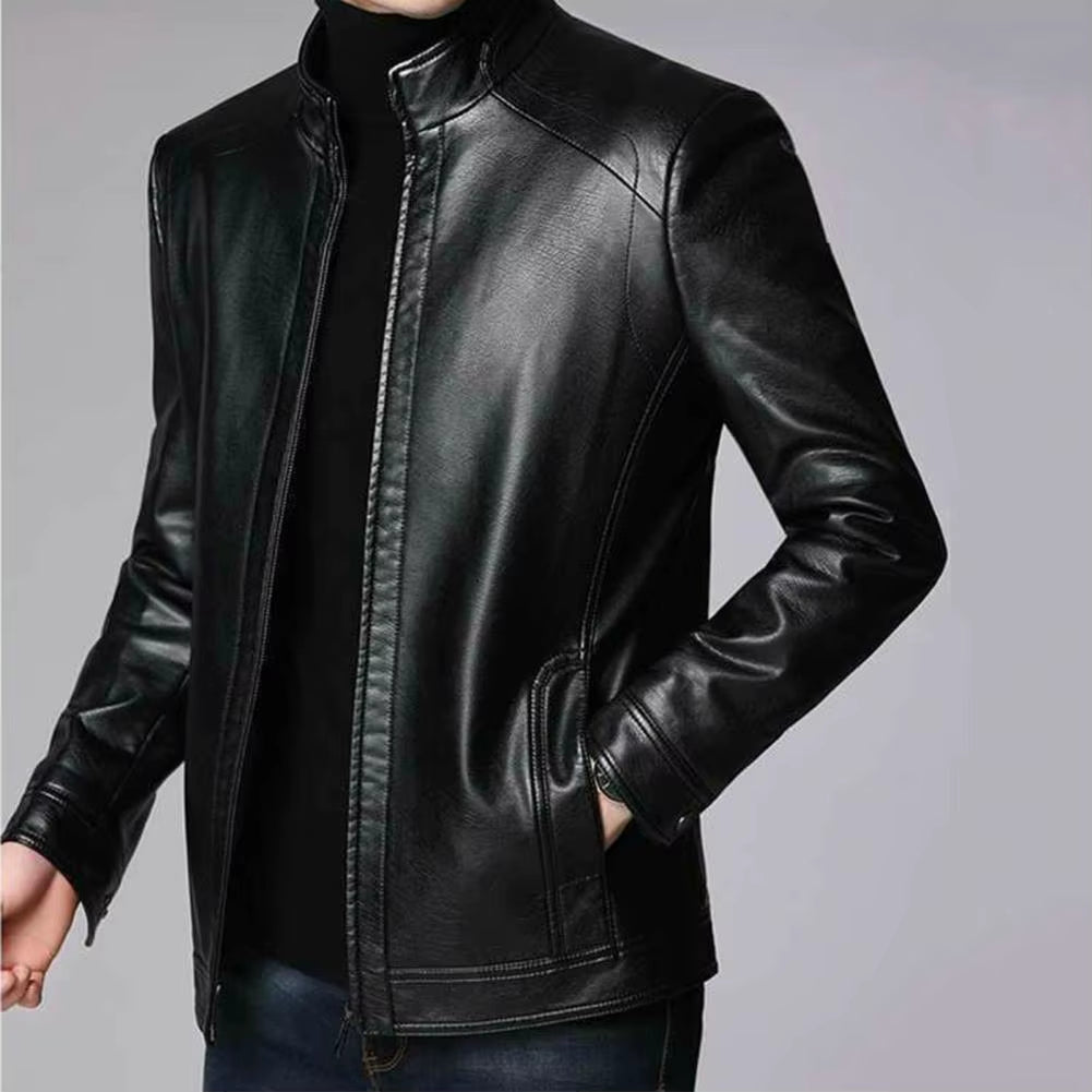 Faux Leather Jacket Stylish Men'S Faux Leather Motorcycle Jacket with Stand Collar Zipper Neck Windproof for Cool