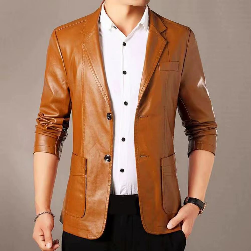 Men Jacket with Button Decoration Long-Lasting Wear Men Jacket Stylish Lapel Collar Men'S Leather Jacket for Outdoor for Men