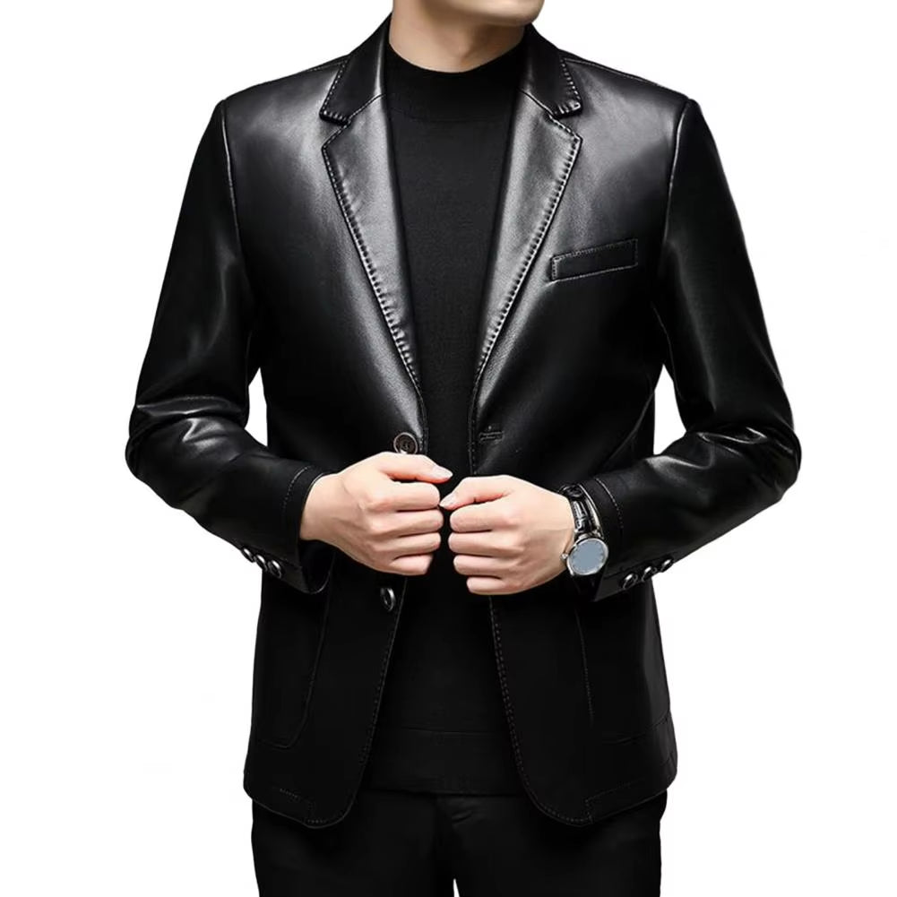 Men Jacket with Button Decoration Long-Lasting Wear Men Jacket Stylish Lapel Collar Men'S Leather Jacket for Outdoor for Men