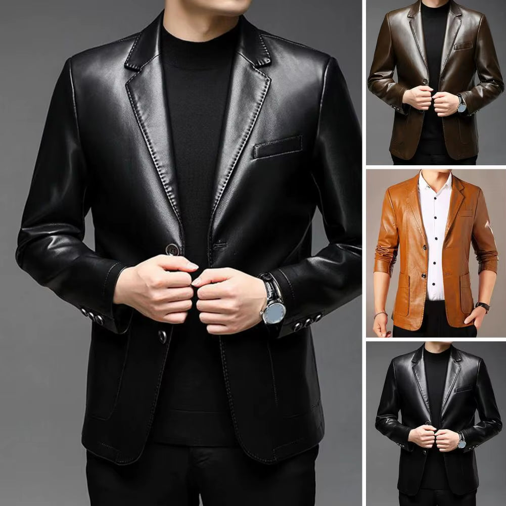 Men Jacket with Button Decoration Long-Lasting Wear Men Jacket Stylish Lapel Collar Men'S Leather Jacket for Outdoor for Men